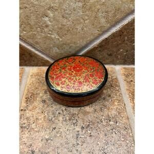 Vintage Kashmir Lacquered Papier Mâché Oval Trinket Box Red Floral Handmade